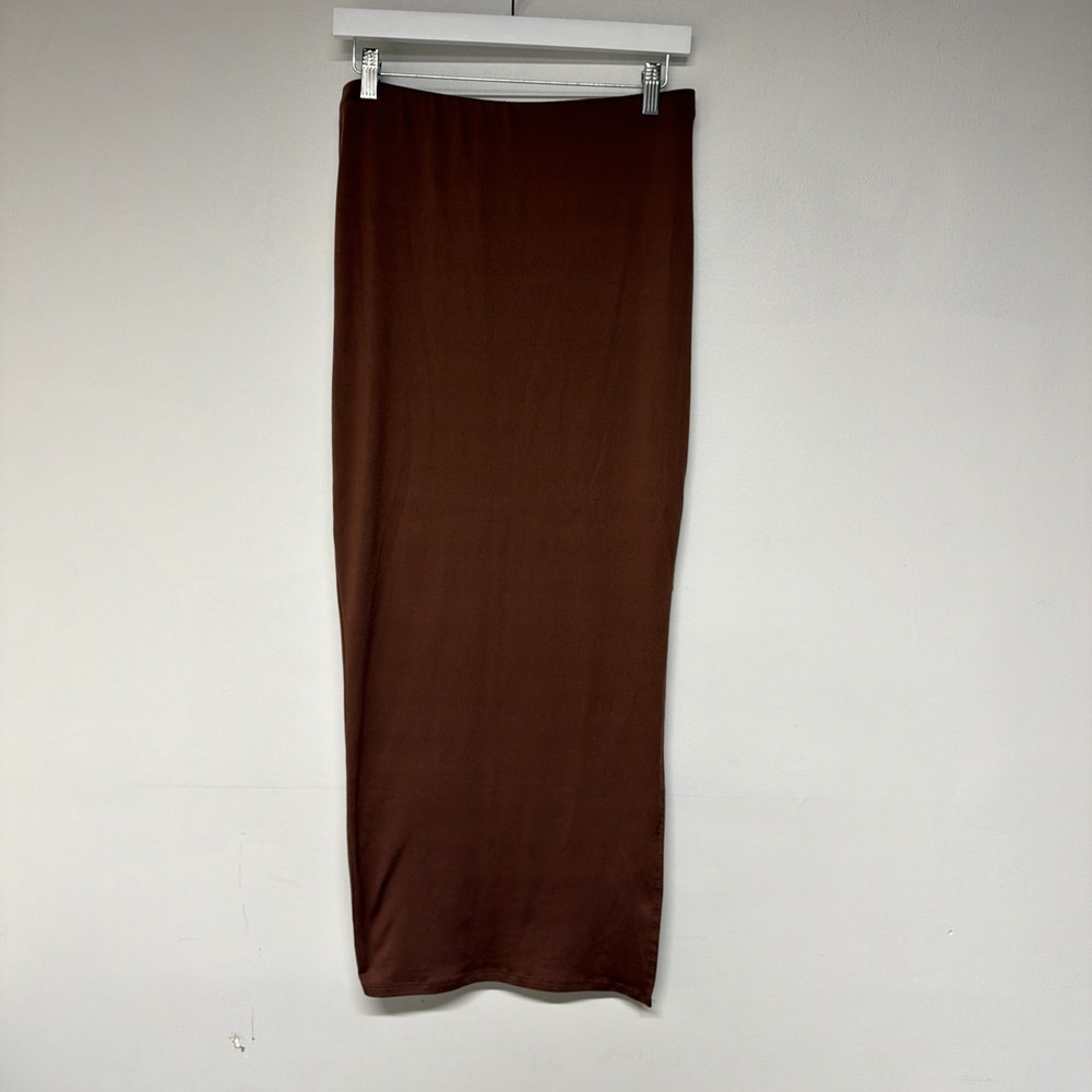 Heart & Hips Womens Maxi Skirt Size L Brown Stretch Pull On Side Slit Long 0271